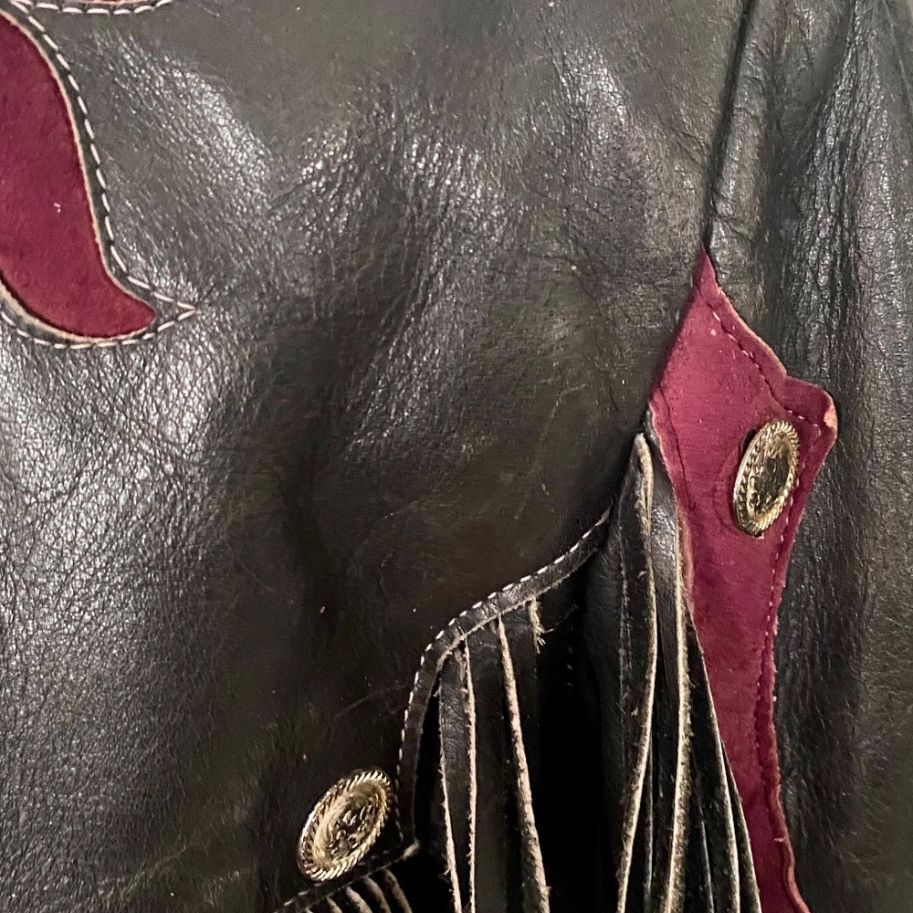 Gypsy Leather Motorcycle Jacket. Black,  Plum Suede Trim. Fringe, Studs.  12 - Picture 16 of 16